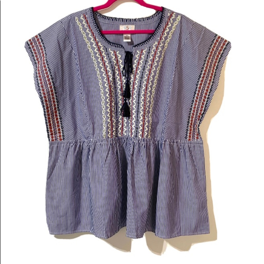 OSO Casuals Top Women’s Striped Sleeveless Blouse Tassels 2X 3X NEW